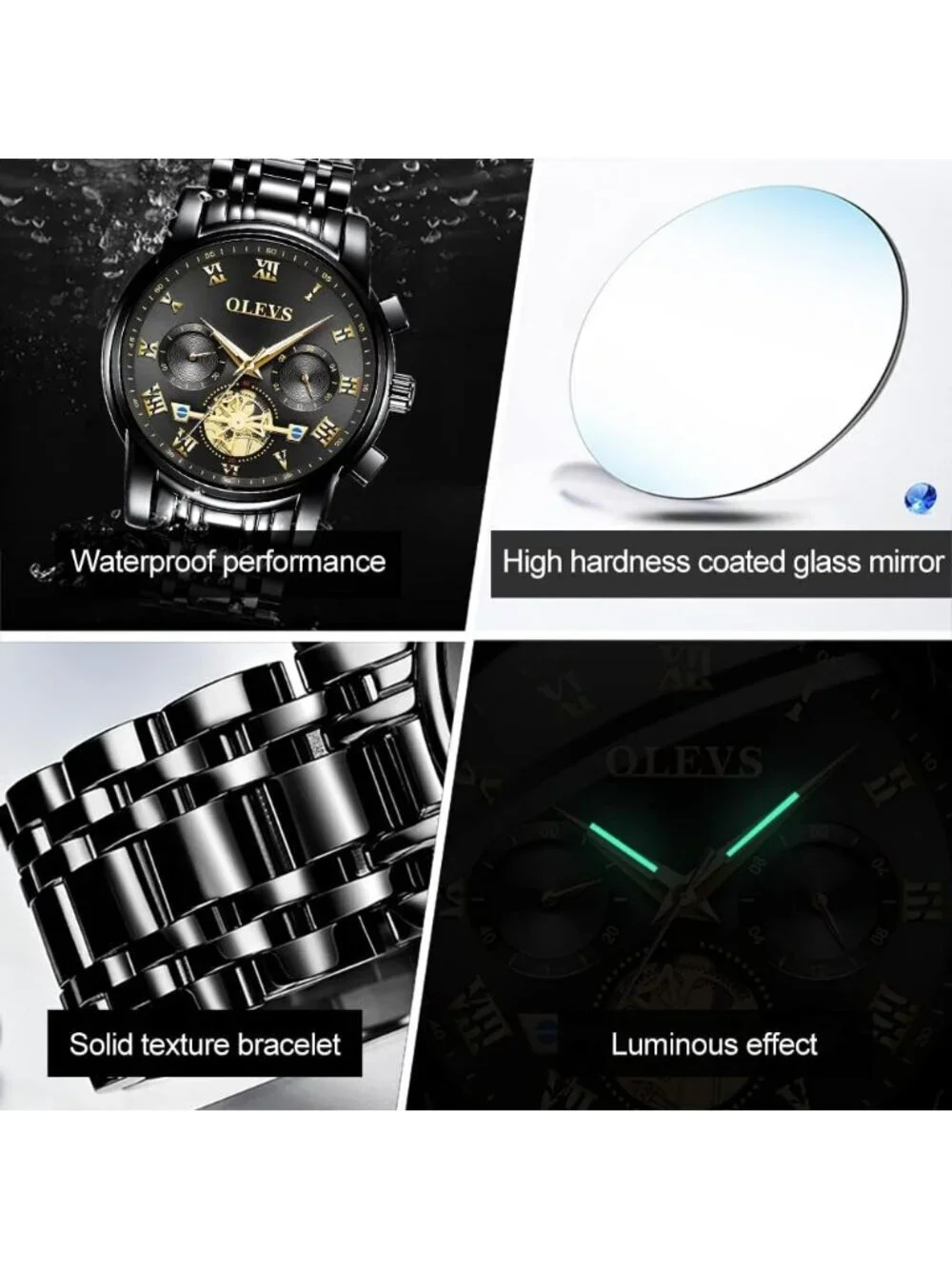 Olevs Men's Black Gold Multifunction Waterproof Luminous Chronograph Wrist Watch